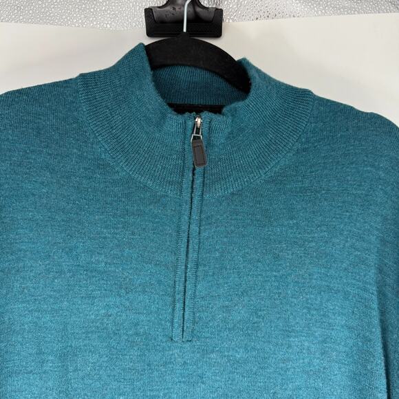Jos A Bank Traveler's Collection Quarter Zip Sweater Men L Teal Blue Merino Wool - Picture 3 of 7